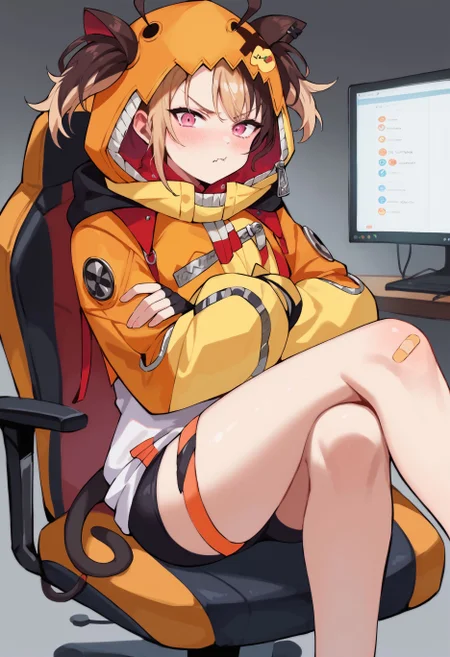 score_9, score_8_up, score_7_up, uncensored, source_anime, 1girl,  <lora:spgigiMurinXLPony:1> murin1st, twintails, tail, animal hood, hood up, orange jacket, yellow jacket, striped clothes, black gloves, fingerless gloves, white shirt, black shorts, bike shorts, single thighhigh, asymmetrical legwear, bandaid on leg, sitting, crossed legs, crossed arms, pout, pouty lips, blush, gaming chair, messy room