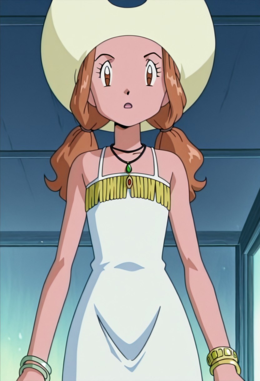 anime art style,anime screencap, digimon adventure 02, mimi tachikawa, anime coloring, 4 outfit, sleeveless, hat, 1girl, jewelry, twintails, hat, brown eyes, bracelet, dress, brown hair, bare shoulders, open mouth, solo, necklace, white dress, skirt