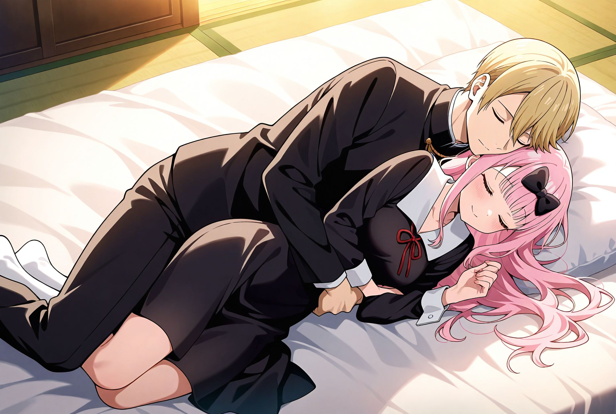 masterpiece, best quality, newest, absurdres, highres, detailed eyes, beautiful, detailed background, perfect eyes, anime coloring, anime screencap,
<lora:add-detail-xl:0.5>
<lora:Side-Lying_Intimacy:1>,Side-Lying_Intimacy,
1girl,1boy,hetero, breasts,on side, closed eyes,lying,
Side-Lying Intimacy,  (Spooning with Extended),
full body, cuddling, sex from behind, 
school uniform, hair bow,
BREAK
official art, 
kaguya-sama wa kokurasetai ~tensai-tachi no renai zunousen~, 
shirogane Miyuki,
Chika Fujiwara, pink hair,  
 adult couple, 	 20YO,
  ,official art,