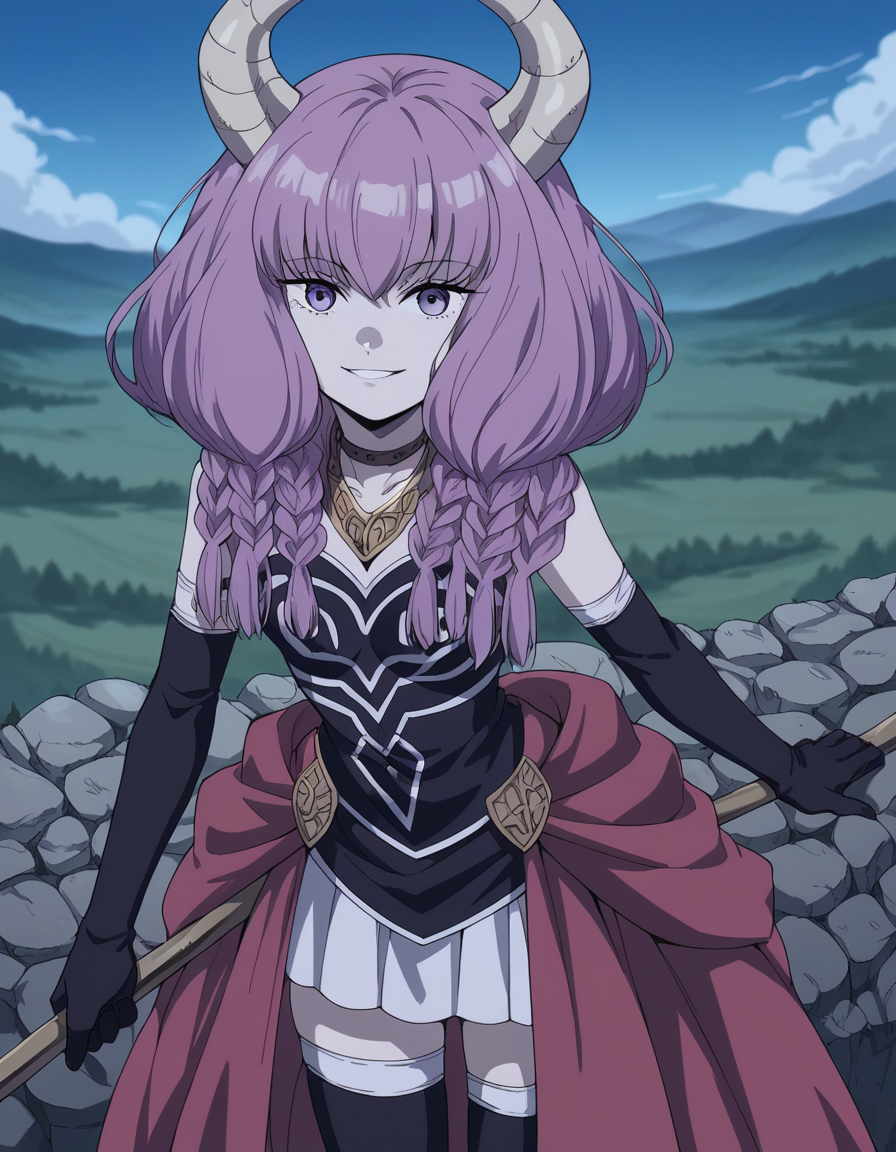 score_9, score_8_up, score_7_up, source_anime,
auratheguillotine, <lora:aura-the-guillotine-s1-ponyxl-lora-nochekaiser:1>,
aura the guillotine, long hair, purple eyes, purple hair, braid, horns, twin braids,
skirt, thighhighs, gloves, choker, black gloves, elbow gloves,
outdoors, landscape, bent over, smile,
cowboy shot, solo, dutch angle, looking at viewer,