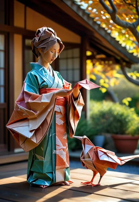 cinematic photo of japanese master craftsman making beautiful origami bird on patio, wearing silk kimono with wide sleeves, dappled sunlight, serene mood, vibrant colors, high resolution