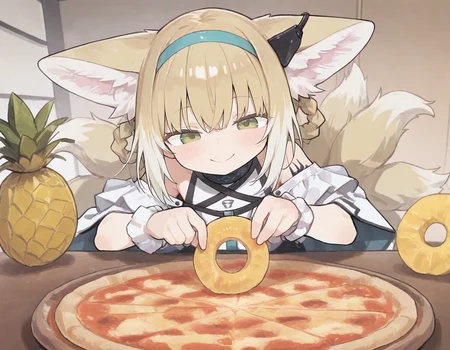 1girl, suzuran (arknights),smile, happy,
how_to_torture_an_italian_(meme), pizza, pineapple slice, pineapple on pizza,
(zankuro:0.2), wagashi \(dagashiya\), chen bin, very awa, very aesthetic, masterpiece, best quality, amazing quality, absurdres <lora:ponyv6_noobV1_2_adamW:0.5> <lora:n_XLNBVP1lokrV6311P:0.2> <lora:748cmXLNBVP1lokrV6311PZ:0.2> <lora:ricotte2:0.2> <lora:how_to_torture_an_italian_meme:1>