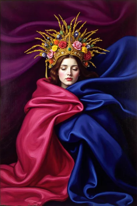 jem1 painting.
A surreal and dramatic painting featuring a mysterious figure partially concealed by flowing, abstract fabric in vibrant shades of magenta, purple, and deep blue. The figure wears an ornate, golden headdress adorned with intricate floral details and jewels, evoking a regal or divine presence. The fabric swirls dynamically around the subject, creating a sense of movement and mystery. The composition has a painterly, expressive style with bold brushstrokes, blending abstract and figurative elements. The lighting highlights the figure's face subtly, with a focus on texture and contrast. <lora:jem1_cap_d6a3:1.0><lora:822879750960768282:0>