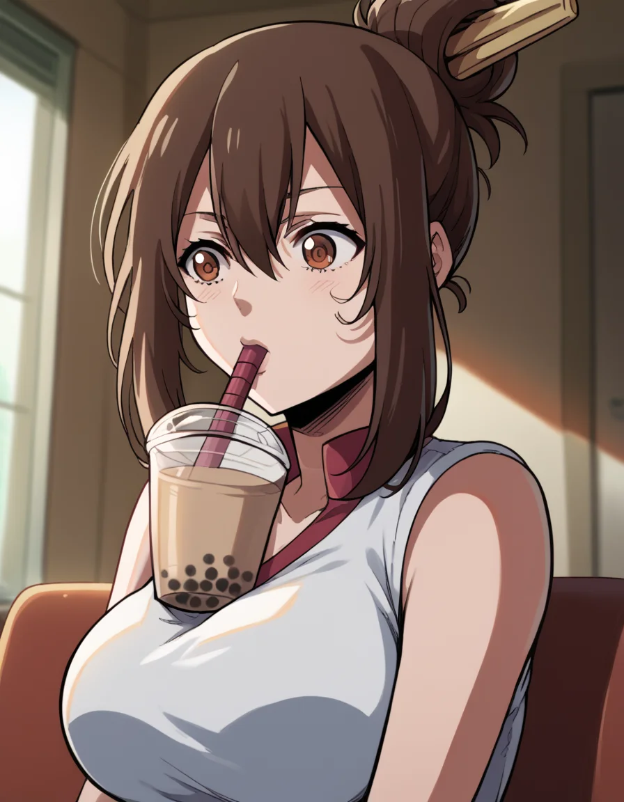 score_9, score_8_up, score_7_up, source_anime, <lora:nozomi-ishizawa-s1-ponyxl-lora-nochekaiser:1>, nozomi ishizawa, skirt, large breasts, brown hair, hair ornament, brown eyes, single hair bun,, <lora:bubble-tea-challenge-ponyxl-lora-nochekaiser:1>, bubble tea challenge, bubble tea, object on breast, drinking straw, drinking straw in mouth, drinking, cup,, indoors, sitting, looking down, , dutch angle, cowboy shot