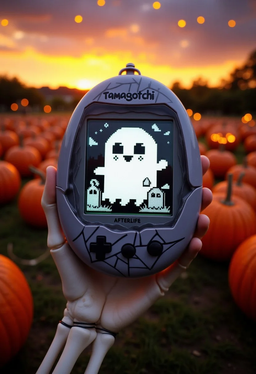 The image is a photograph of a Tamagotchi device labeled "Tamagotchi" and the word "AFTERLFE" printed on the plastic near the buttons, a small handheld electronic game and pet simulator, featuring a screen displaying a pixelated image of a ghost, made of a few large 8-bit pixels. The Tamagotchi device itself is gray with a spiderweb texture finish, and it has a rounded, compact design. The screen is rectangular and centered in the device, displaying a black and white pixelated image of the ghost. The ghost is very simplified and funny looking, with a pixelated gravestone beside it. The device is being held up by a large skeleton hand, with the background being a pumpkin patch during sunset on Halloween with yellow fireflies glowing in the air. The image is composed with artistic composition. aidmatextimprover