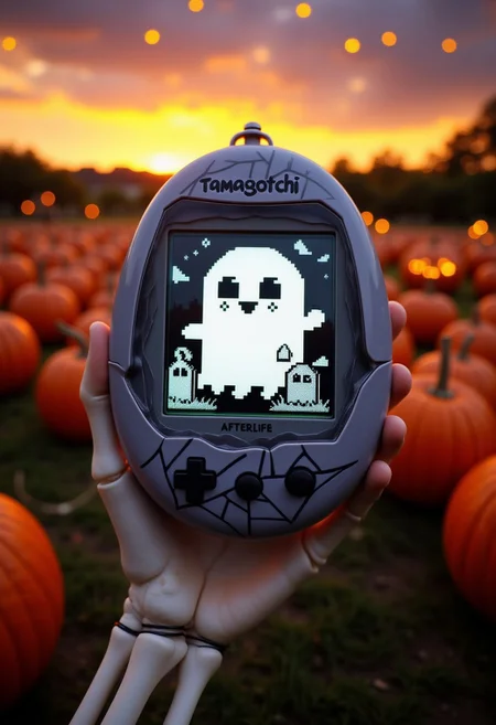 The image is a photograph of a Tamagotchi device labeled "Tamagotchi" and the word "AFTERLFE" printed on the plastic near the buttons, a small handheld electronic game and pet simulator, featuring a screen displaying a pixelated image of a ghost, made of a few large 8-bit pixels. The Tamagotchi device itself is gray with a spiderweb texture finish, and it has a rounded, compact design. The screen is rectangular and centered in the device, displaying a black and white pixelated image of the ghost. The ghost is very simplified and funny looking, with a pixelated gravestone beside it. The device is being held up by a large skeleton hand, with the background being a pumpkin patch during sunset on Halloween with yellow fireflies glowing in the air. The image is composed with artistic composition. aidmatextimprover