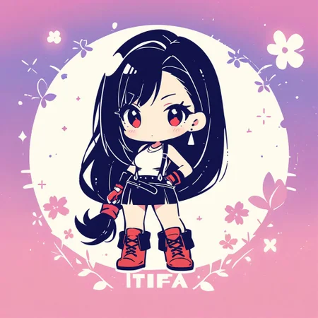 masterpiece, best quality, very aesthetic, absurdres,
1girl, long hair, chibi,
tifa lockhart, low-tied long hair, white tank top, black miniskirt, gloves, boots, suspenders, , defTifa,
(simple retro design, logo, manga style, 2tone),