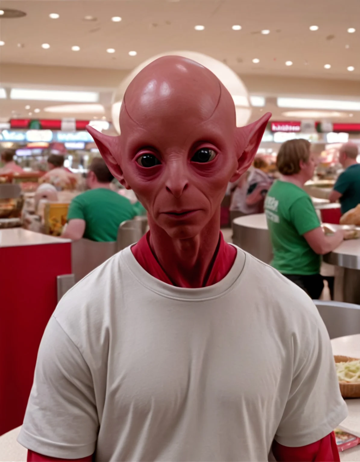 frelling alien, a bald alien with sleek shiny red skin and a wide head and large eyes, wearing a t-shirt, interior of a mall food court, <lora:Frelling_Alien-000007:1.0>