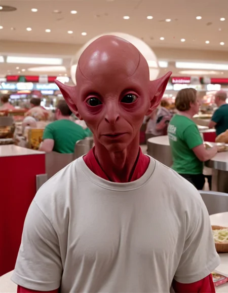 frelling alien, a bald alien with sleek shiny red skin and a wide head and large eyes, wearing a t-shirt, interior of a mall food court, <lora:Frelling_Alien-000007:1.0>