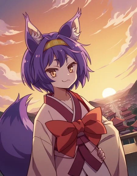 score_9, score_8_up, score_7_up, source_anime, <lora:izuna-hatsuse-s1-ponyxl-lora-nochekaiser:1>, izuna hatsuse, short hair, animal ears, purple hair, hairband, animal ear fluff, fox ears, slit pupils, yellow eyes,, bow, tail, japanese clothes, wide sleeves, kimono, fox tail, short kimono,, rooftop, sunset, cityscape, quiet moment, wind blowing, contemplative, smile, looking at viewer, smug, hand on hips,, solo,, cowboy shot, dutch angle