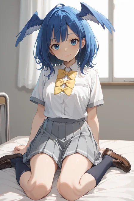 score_9, score_8_up, score_7_up, 1boy, solo, smile
<lora:HeadWingsPony:1> feathered head wings, yellow head wings, head wings on top
<lora:yanami anna_makein_PONY_last:0.8> anna-default, yanami anna, blue eyes,blue hair, medium hair,school uniform, white shirt, bowties,grey skirt,pleated skirt, short sleeves, black socks,loafers