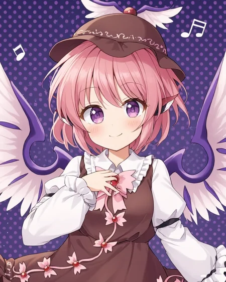 mystia lorelei,1girl, solo, brown_dress, winged_hat, brown_headwear, smile, bird_wings, upper_body, twitter_username, eighth_note, white_wings, hat, blush, juliet_sleeves, polka_dot_background, looking_at_viewer, frilled_sleeves, purple_background, artist_name, shushing
<lora:mystia_lorelei_image8444_2023-12-14-000007:1>,star-shaped_pupils,symbol-shaped_pupils,. gorgeous,key visual, vibrant, studio anime,award-winning, professional, highly detailed,high budget, cinemascope
