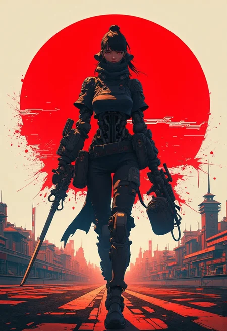 cyberpunk, anime, Cyber Punk cyborg Samurai woman standing wide stride with a red sun and city behind, highly detailed Mayhem style splattered Silhouette, background bizarre techno ghetto transmission, style minimalist, conceptual art posing Japanese, conceptual, 3d render, illustration, cinematic, photo
epic action, cinematic, award winning artwork, many details, patterned illumination, bad VHS tape image artifacts