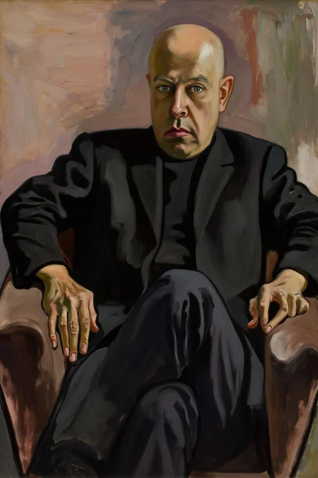 aliceneel1 painting. 
A bald man with a serious expression is seated in a chair, dressed in a dark suit jacket over a dark shirt. His hands rest on the armrests of the chair, and his body leans slightly forward.
 <lora:aliceneel1_cap_d6a3e12:1.0><lora:842439246775087234:0>