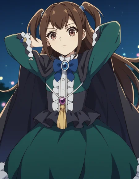 score_9, score_8_up, score_7_up, source_anime, <lora:kizuna-kazayama-s2-ponyxl-lora-nochekaiser:1>, kizuna kazayama, long hair, brown hair, brown eyes, two side up,, long sleeves, dress, bow, frills, wide sleeves, bowtie, cape, blue bow, brooch, green dress, black cape,, casino, games, lights, chips, luck, , hands behind head,, looking at viewer, solo,, dutch angle, cowboy shot