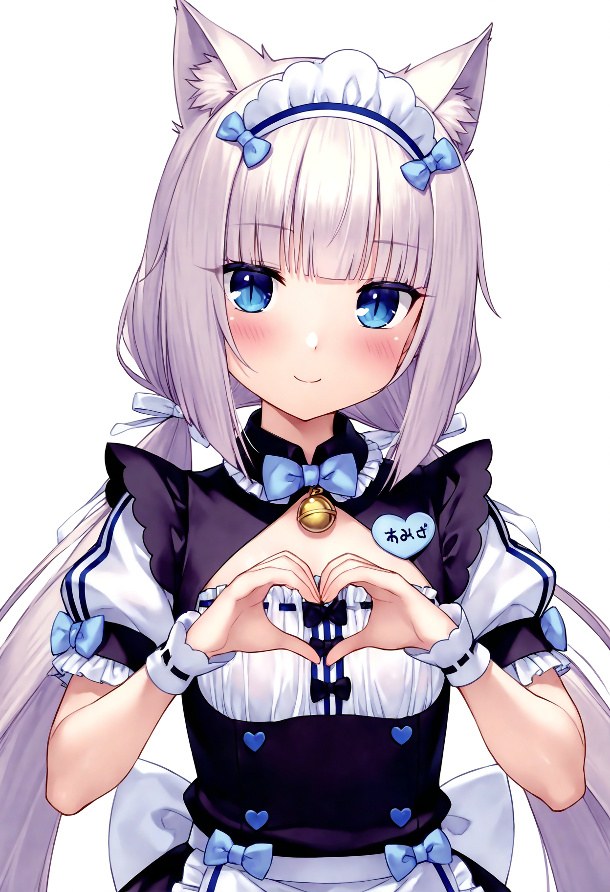 masterpiece, best quality, good quality, very awa, very aesthetic, absurdres, newest,vanilla \(nekopara\), 1girl, solo, heart hands, long hair, heart, blue eyes, name tag, cat ears, twintails, smile, bell, maid headdress, bow, looking at viewer, upper body, short sleeves, white hair, blush, slit pupils, puffy sleeves, jingle bell, white background, cleavage cutout, puffy short sleeves, ribbon-trimmed clothes, low twintails, bowtie, clothing cutout, maid, hair ribbon, ribbon, blunt bangs, wrist cuffs,  <lora:VanillaNekopara_NoobAI_V1_0-000003:0.8>