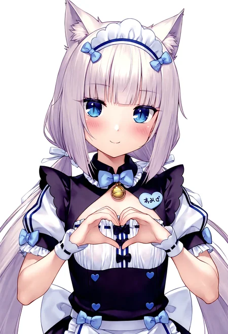 masterpiece, best quality, good quality, very awa, very aesthetic, absurdres, newest,vanilla \(nekopara\), 1girl, solo, heart hands, long hair, heart, blue eyes, name tag, cat ears, twintails, smile, bell, maid headdress, bow, looking at viewer, upper body, short sleeves, white hair, blush, slit pupils, puffy sleeves, jingle bell, white background, cleavage cutout, puffy short sleeves, ribbon-trimmed clothes, low twintails, bowtie, clothing cutout, maid, hair ribbon, ribbon, blunt bangs, wrist cuffs, <lora:VanillaNekopara_NoobAI_V1_0-000003:0.8>