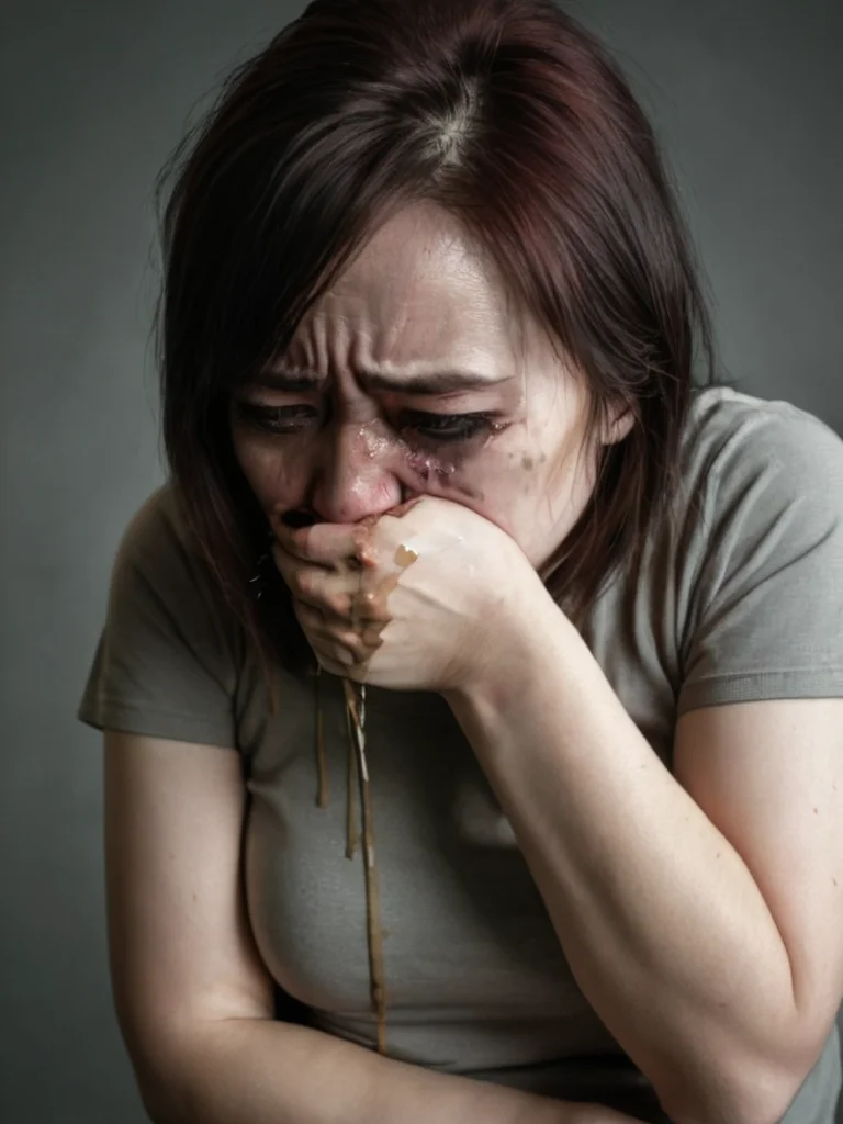 (vomit chan:1.3), original style, realistic photograph of woman (puking:1.2) through hand covering mouth, messy, barf,<lora:vomitChan_v1_SDXL:1> , highly detailed, eye catching, gloomy, yandere  <lora:eye_catching:1>