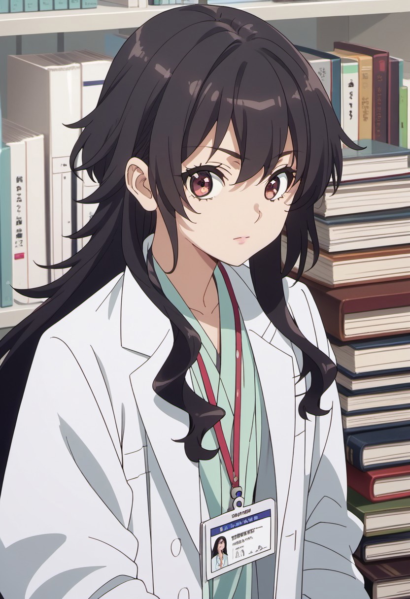 score_9, score_8_up, score_7_up, source_anime, ameku takao, long hair, black hair, brown eyes, 1girl, solo, labcoat, book stack, id card, book, looking at viewer, shirt, indoors