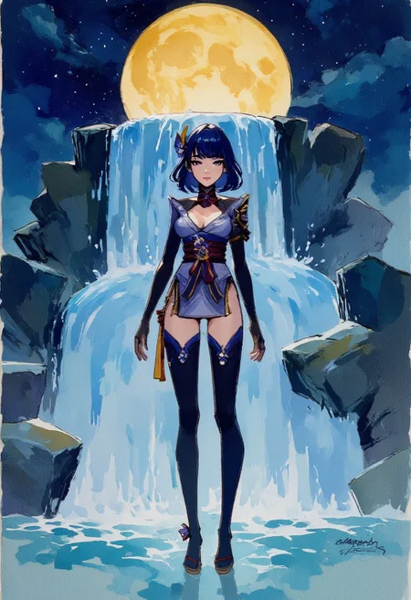 RaidenShogun standing and posing with a waterfall behind her, facing the viewer, upper body shot,full moon night (watercolors)