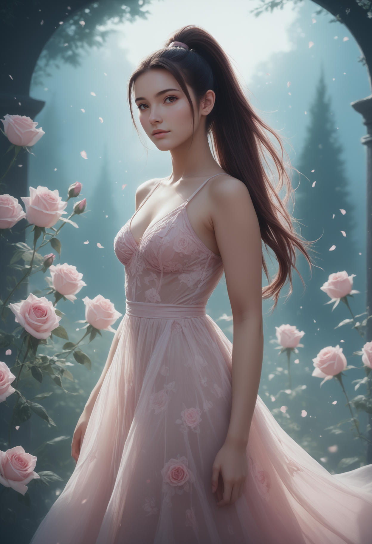(((masterpiece))) , (((best quality))) , anime style, inked, 2d, 8k. 1 woman, the dress is surrounded by pink mist  <lora:heartmiststyle-000001:0.6> , 24yo woman, high ponytail, brown hair, long straight hair, brown eyes, she is in a magical garden with floating roses, close up. dancing in the mist, SeijSDXL <lora:SeijSDXL-000006:0.8>