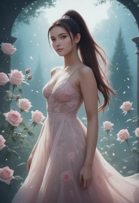 (((masterpiece))) , (((best quality))) , anime style, inked, 2d, 8k. 1 woman, the dress is surrounded by pink mist <lora:heartmiststyle-000001:0.6> , 24yo woman, high ponytail, brown hair, long straight hair, brown eyes, she is in a magical garden with floating roses, close up. dancing in the mist, SeijSDXL <lora:SeijSDXL-000006:0.8>