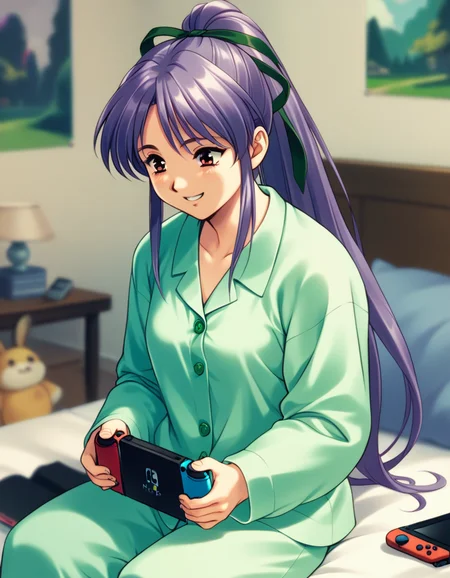 score_9, score_8_up, score_7_up
<lora:takabe-eri-ponyxl-000028:0.8> takabe, purple hair, hair ribbon, pajamas, green pajamas
1girl, solo, happy, bedroom, sitting, bed, playing games, nintendo switch