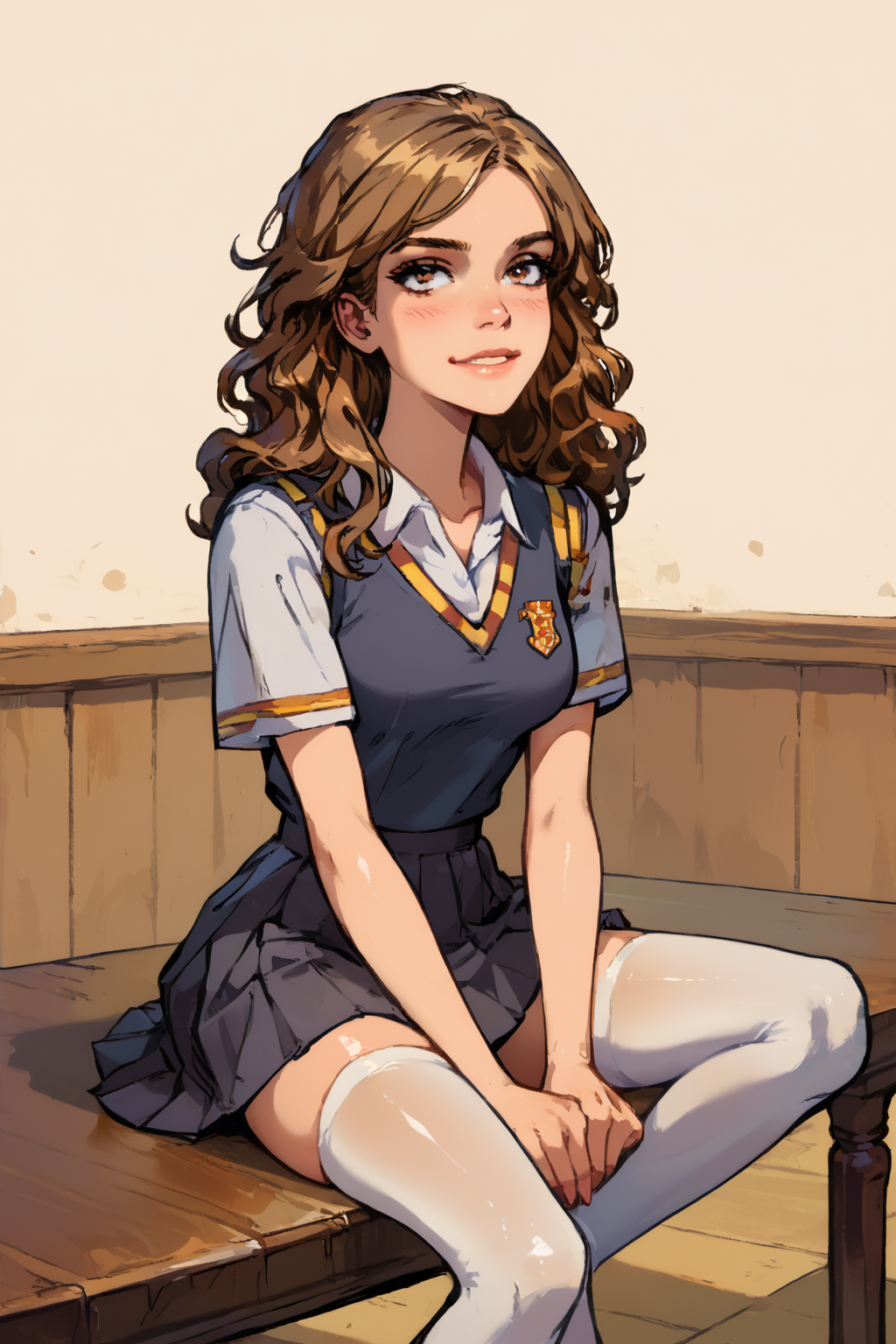 score_9, score_8_up, score_7_up, score_6_up, score_5_up, score_4_up,  source_anime, perfect face, perfect eyes, 4ng3l face, horny face, amature female, Hermione Granger, 18yo, medium breasts, skinny Gryffindor school uniform, skirt, beautiful, fit thighs, brown eyes, brown hairs, white thighhighs, no shoes, solo, pretty, thin, skinny, slender, extreme long legs, petite girl, model posing, arousing, joy, oh my, sitting on a chair near table, greeting gesture, indoor, room, akabursty1e, <lora:Tomoe_Nodoka_Kaede:0.75>, <lora:Concept Art Twilight Style SDXL_LoRA_Pony Diffusion V6 XL:0.6>, <lora:Expressive_H:0.75>, <lora:officialpit_v2-8:0.35>, <lora:siserg:0.35>, <lora:akabursty1eV2:0.85>, <lora:Niji_oil_painting_drawing-anime:1>