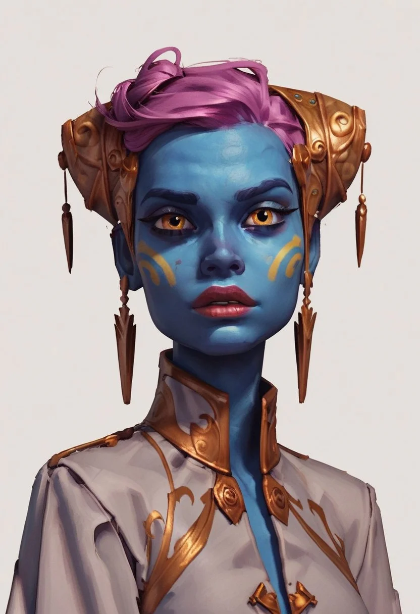 score_9, score_8_up, Riyo Chuchi, Blue Skin, yellow eyes, yellow markings on cheeks, pink hair, hairbun, golden headpiece, royal clothes, whole body view