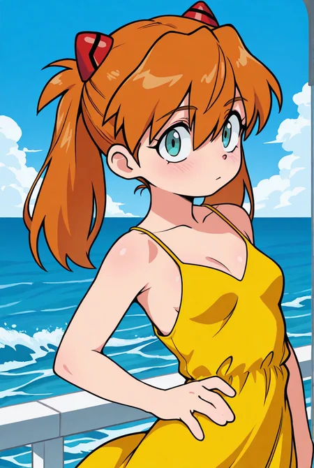 sslt, masterpiece, best quality, absurdres, highres, high quality, highly detailed, aesthetic, vibrant colors, upperbody, 1girl, asuka langley, twintails, orange hair, aqua eyes, small breasts, yellow loose summer dress, low cut dress, slight blush, looking at viewer, one hand on hip, outdoors, blue skies, windy day, ocean waves, daytime,