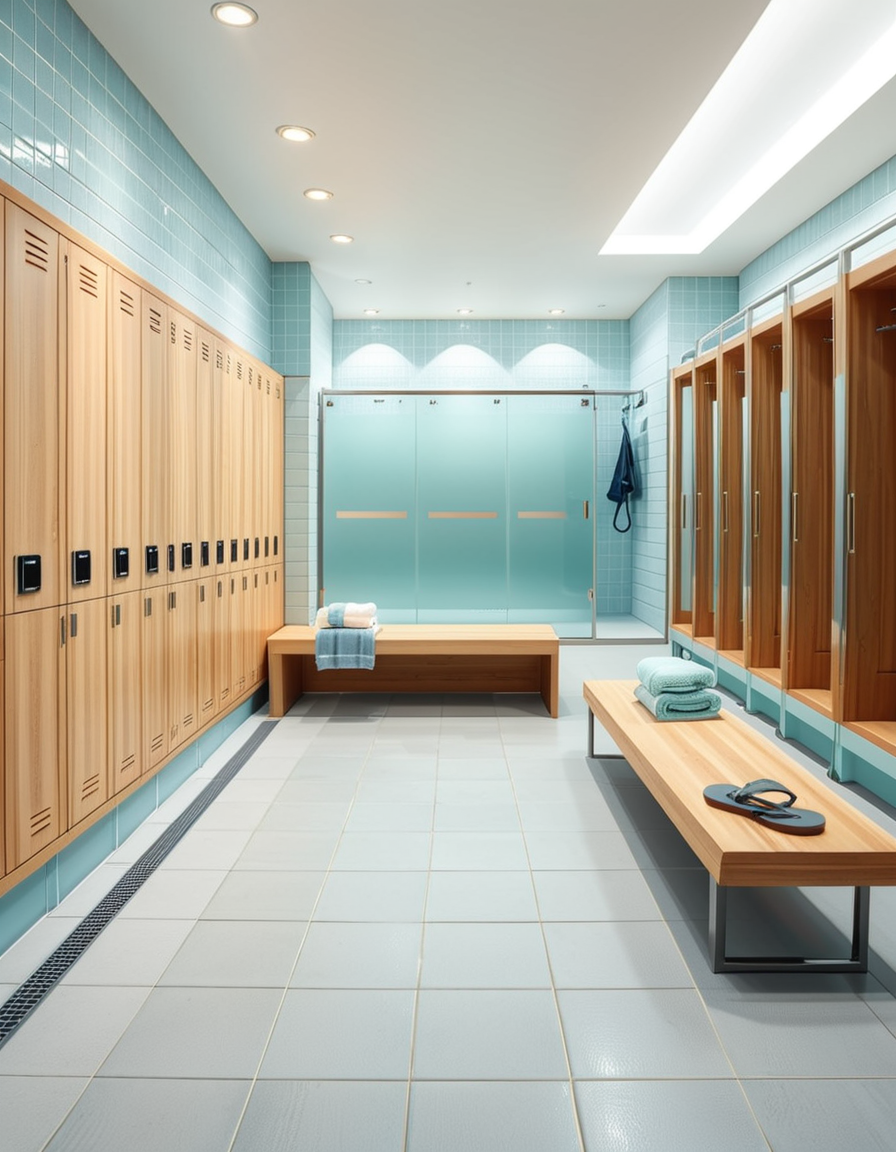 A realistic photograph of a modern swimming pool changing room, featuring clean, sleek design with white tiled walls and light blue accents. Rows of wooden benches with metal frames are neatly aligned in the center of the room. On the sides, there are individual lockers with glossy pastel-colored doors (light blue, mint green, and pale yellow), each with small number labels. Hooks are mounted on the walls, some holding neatly folded towels. The floor is made of non-slip gray tiles, slightly wet, reflecting the soft overhead LED lighting. The atmosphere is fresh and inviting, with a subtle fog from the pool area beyond a frosted glass door at the back. To the left side of the room, a large mirror spans the wall above a counter with built-in sinks, chrome faucets, and a few small bottles of hand soap. A subtle reflection of the interior is visible in the mirror. No people are present in the room. The lighting is bright but natural, as if itâs daytime with soft sunlight filtering through small high windows. The mood is calm, clean, and welcoming, captured with a high-resolution camera in photorealistic style. 
<lora:SDXLFaeTastic2400:0.4> <lora:extremely_detailed:0.4> extremely detailed,<lora:swimming_pool_ch4ng1ng_r00m:1>,swimming pool ch4ng1ng r00m, Masterpiece,best quality,hi res,8k,hi res,8k,award winning,(sharp focus, intricate, highly detailed),