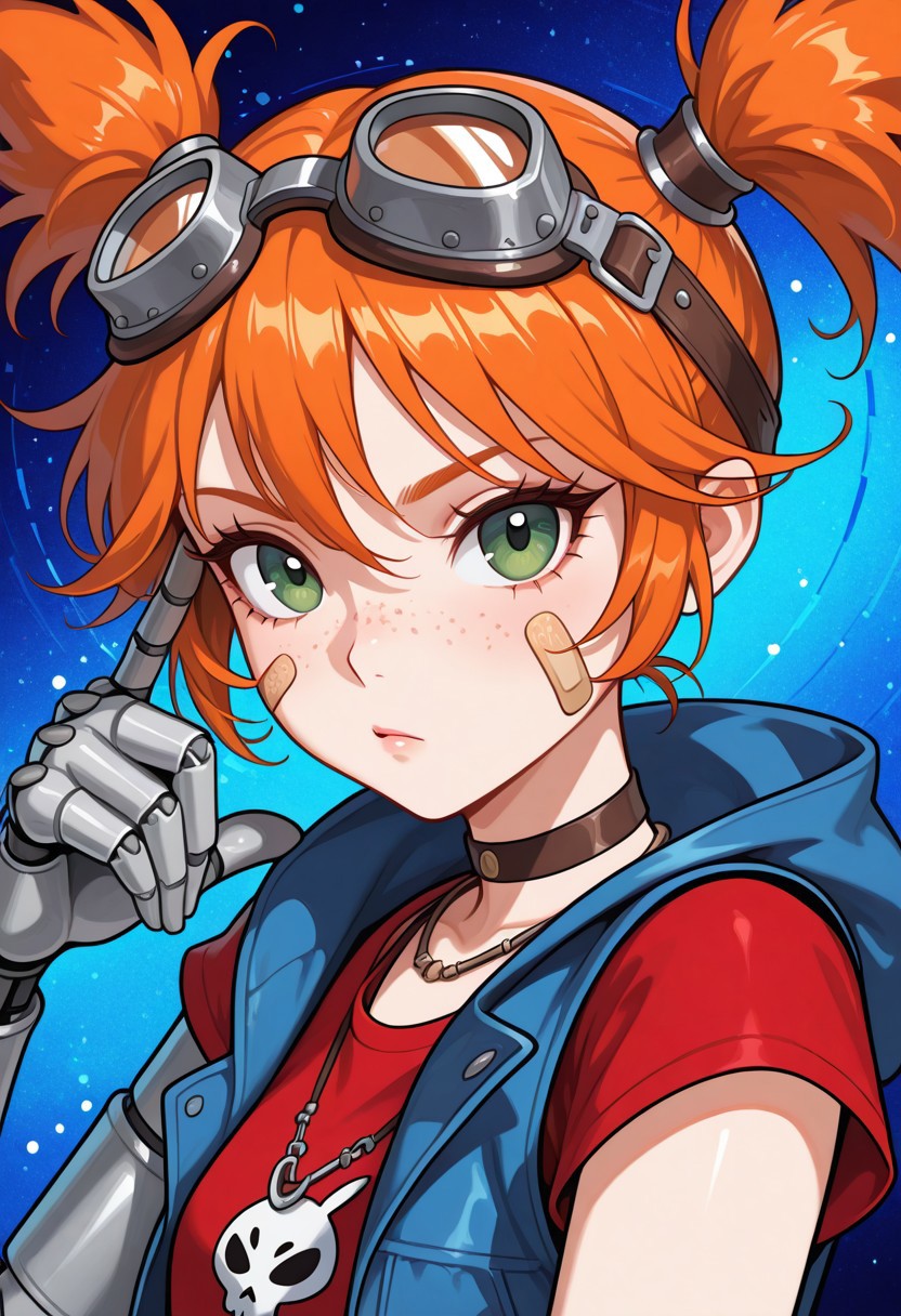 <lora:gaigebl2-guy-v1PONYXL:1>,
solo, gaigebl2, orange hair, goggles on head, twintails, short twintails, a single mechanical arm, left arm mechanical, freckles, green eyes, 
bandaid on face, Unimpressed look, staring at the viewer,
choker, leather choker, hood, necklace, blue jacket, sleeveless jacket, jacket red t-shirt, short red sleeves, short sleeves, 
looking at viewer, face focus, side view, close up, abstract background, glitch art, artwork, glitter, particle effect,