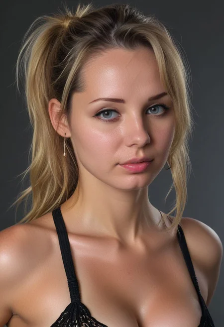 masterpiece, best quality, top quality, ultrasharp, ultra detailed, (1girl), perfect body, detailed face, detailed eyes, large breasts, perky breasts, saggy breasts, tan, dewy skin, sweaty skin, detailed hair, wavy blonde hair, high ponytail, punk tshirt, punk girl, dynamic lighting, <lyco:coloredLipstickLoha_v420:0.6> <lyco:eGirlMakeup-10:0.4>