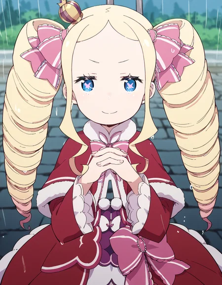 score_9, score_8_up, score_7_up, source_anime, <lora:rezero-beatrice-s3-p1-ponyxl-lora-nochekaiser:1>, beatrice, long hair, blue eyes, blonde hair, twintails, hair ribbon, sidelocks, symbol-shaped pupils, drill hair, twin drills,, dress, ribbon, fur trim, capelet, crown, mini crown, red capelet, frills, bowtie,, rainy day, umbrella, walking home, puddles, wet hair, smile, <lora:gendou-pose-ponyxl-lora-nochekaiser:1>, gendou pose, own hands clasped, own hands together, parody,, looking at viewer, solo,, dutch angle, cowboy shot