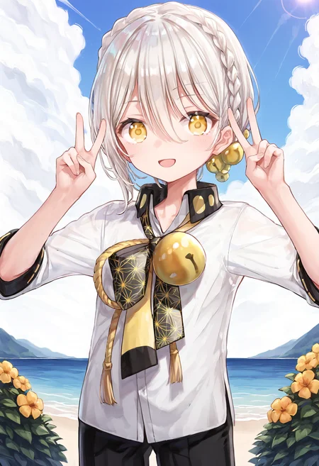 score_9, score_8_up, score_7_up, source_anime,
BREAK,
1boy, solo, standing, looking at viewer, smile, outdoors, sky, double v, open mouth,
<lora:iori_yuzuru_PonyXL_v1:1> iori yuzuru, yellow eyes, white hair, braid, hair ornament, bell, white shirt, black pants,