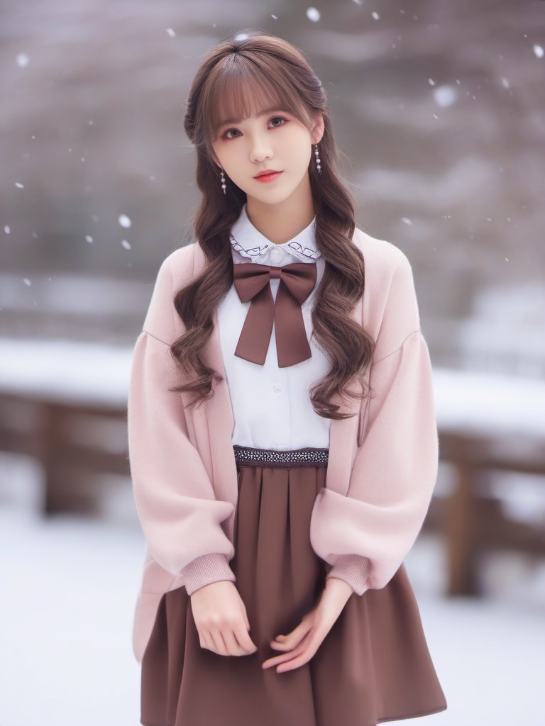 masterpiece, best quality, girl, long hair, looking at viewer, brown cardigan , frilled socks, hair_bow, bowtie, in winter, blush, sweater dress, ,<lora:sl_sila:0.8>