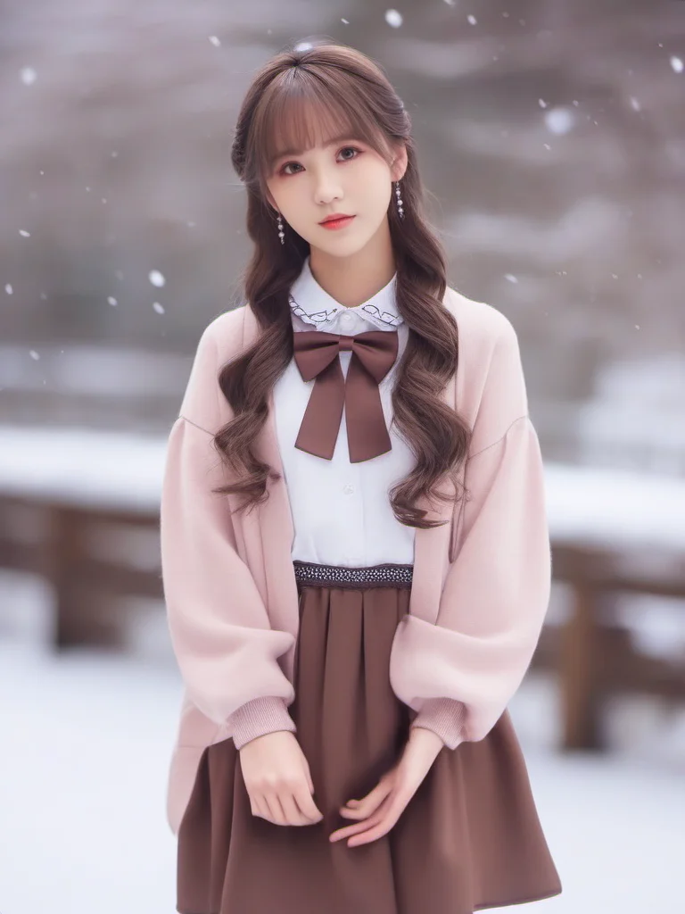 masterpiece, best quality, girl, long hair, looking at viewer, brown cardigan , frilled socks, hair_bow, bowtie, in winter, blush, sweater dress, ,<lora:sl_sila:0.8>