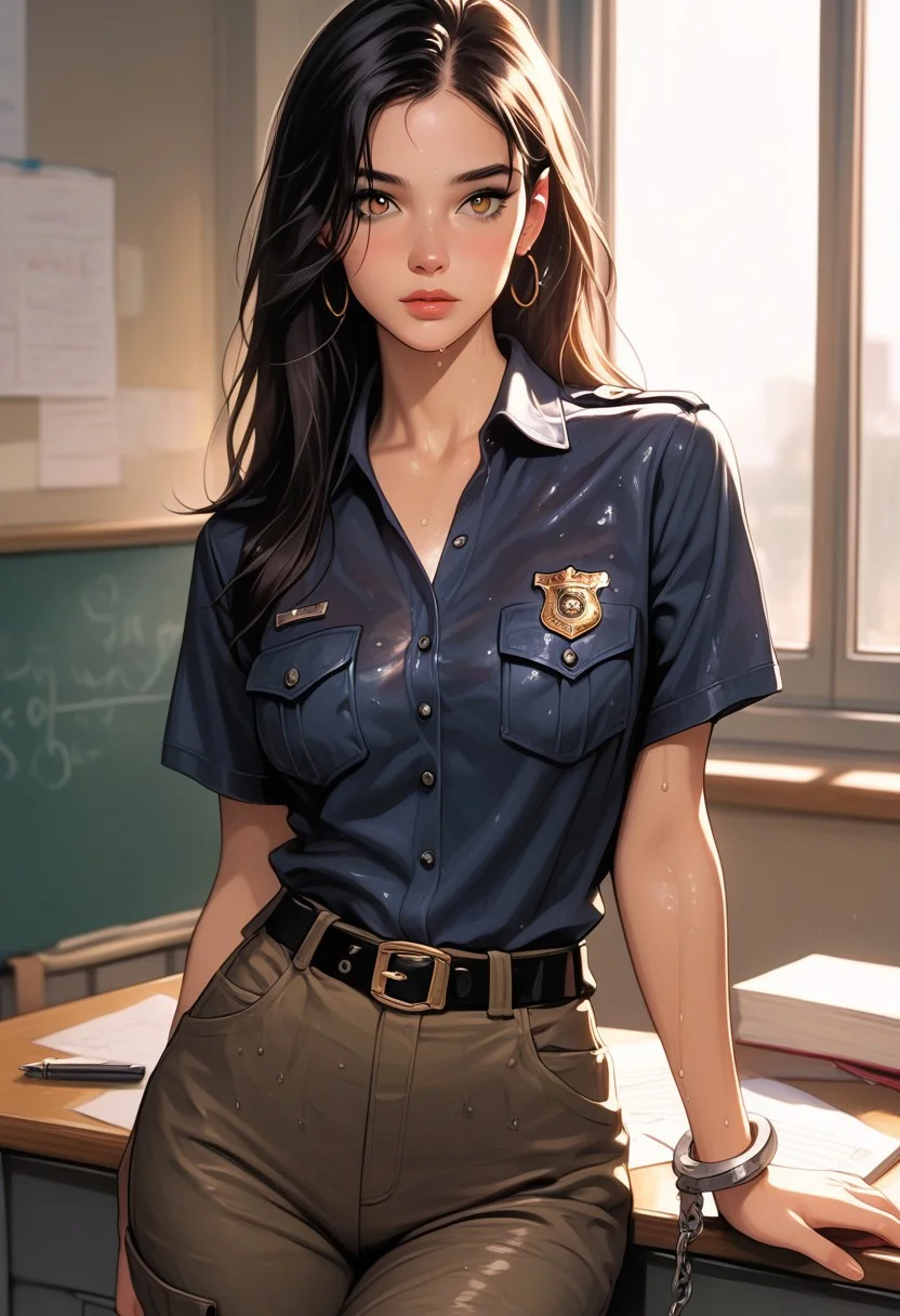 masterpiece,best quality, highly detailed, score_9, score_8_up, score_7_up, score_6_up, source_cartoon, medium shot, 1 girl, fit, beautiful, long wet hair, black hair, detailed face, light brown eyes, Police station desk, dark blue uniform shirt with badge, tactical pants, radio earpiece & handcuffs
