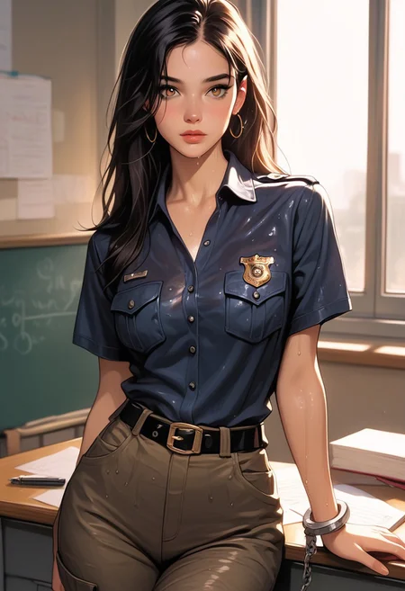 masterpiece,best quality, highly detailed, score_9, score_8_up, score_7_up, score_6_up, source_cartoon, medium shot, 1 girl, fit, beautiful, long wet hair, black hair, detailed face, light brown eyes, Police station desk, dark blue uniform shirt with badge, tactical pants, radio earpiece & handcuffs