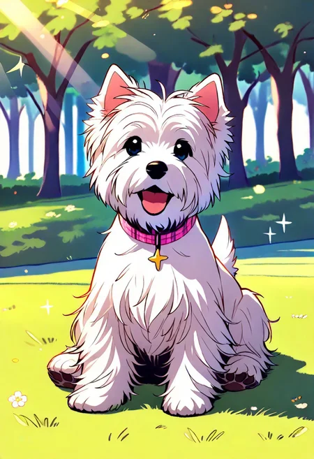 (masterpiece),(best quality),(ultra-detailed),very aesthetic,absurdres,  newest,scenery, (solo:1.9)
(bloom:1.2), (bokeh:1.2), (sparkle:1.3), <lora:West_Highland_Terrier_Illustrious:1> w3st13, white fur, dog, animal focus
sitting, happy, looking at viewer, head tilt, tongue, open mouth, pink collar
forest, leaves, grass, sticks