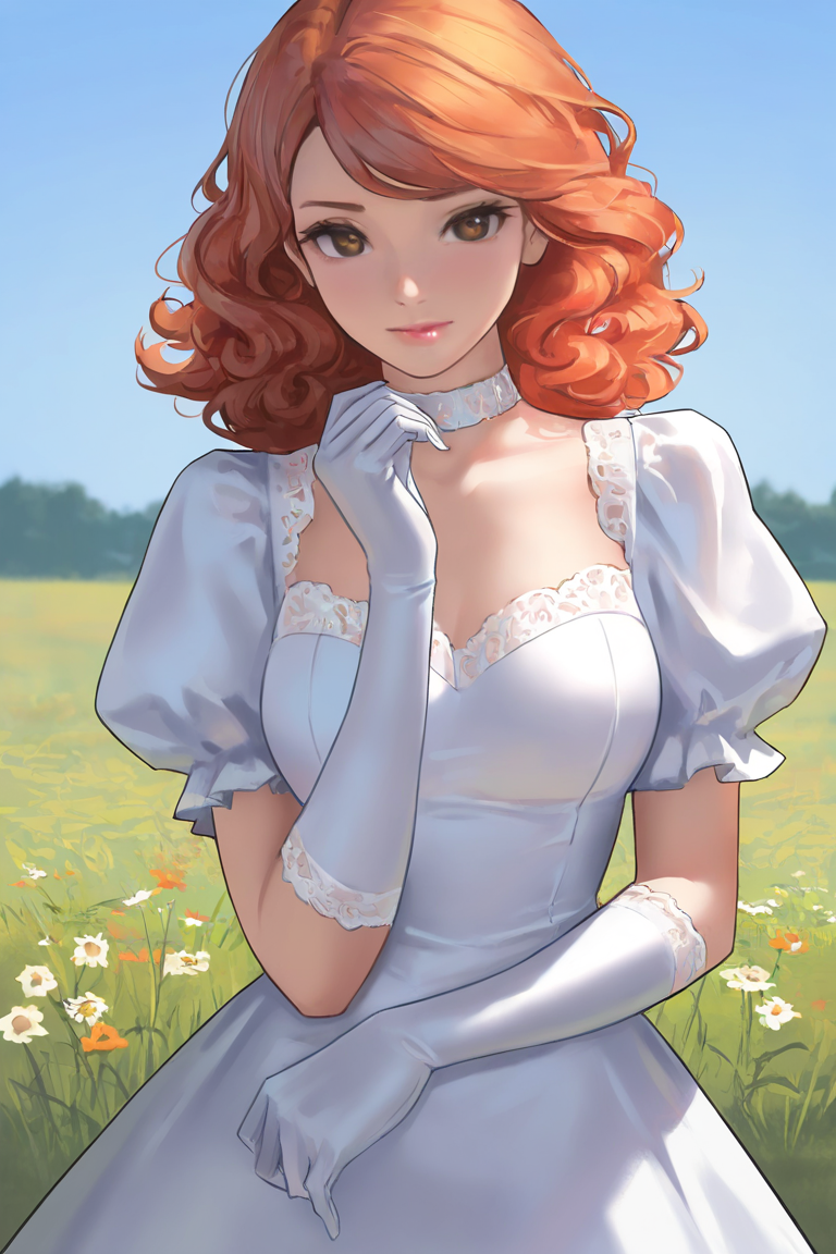 masterpiece, best quality, highres, newest, 1girl, solo, medium hair, curly hair, wavy hair, orange hair, swept bangs, brown eyes, lips, lipstick, looking at viewer, medium breasts, choker, medium dress, white dress, lace trim, puffy sleeves, puffy short sleeves, short sleeves, gloves, elbow gloves, white gloves, hand up, cowboy shot, closed mouth, standing, outdoors, field, flower, grass, plant, sky <lora:NAI3 Smooth Boys [LoRA] - NoobAI-XL EPS 1.0:0.8>