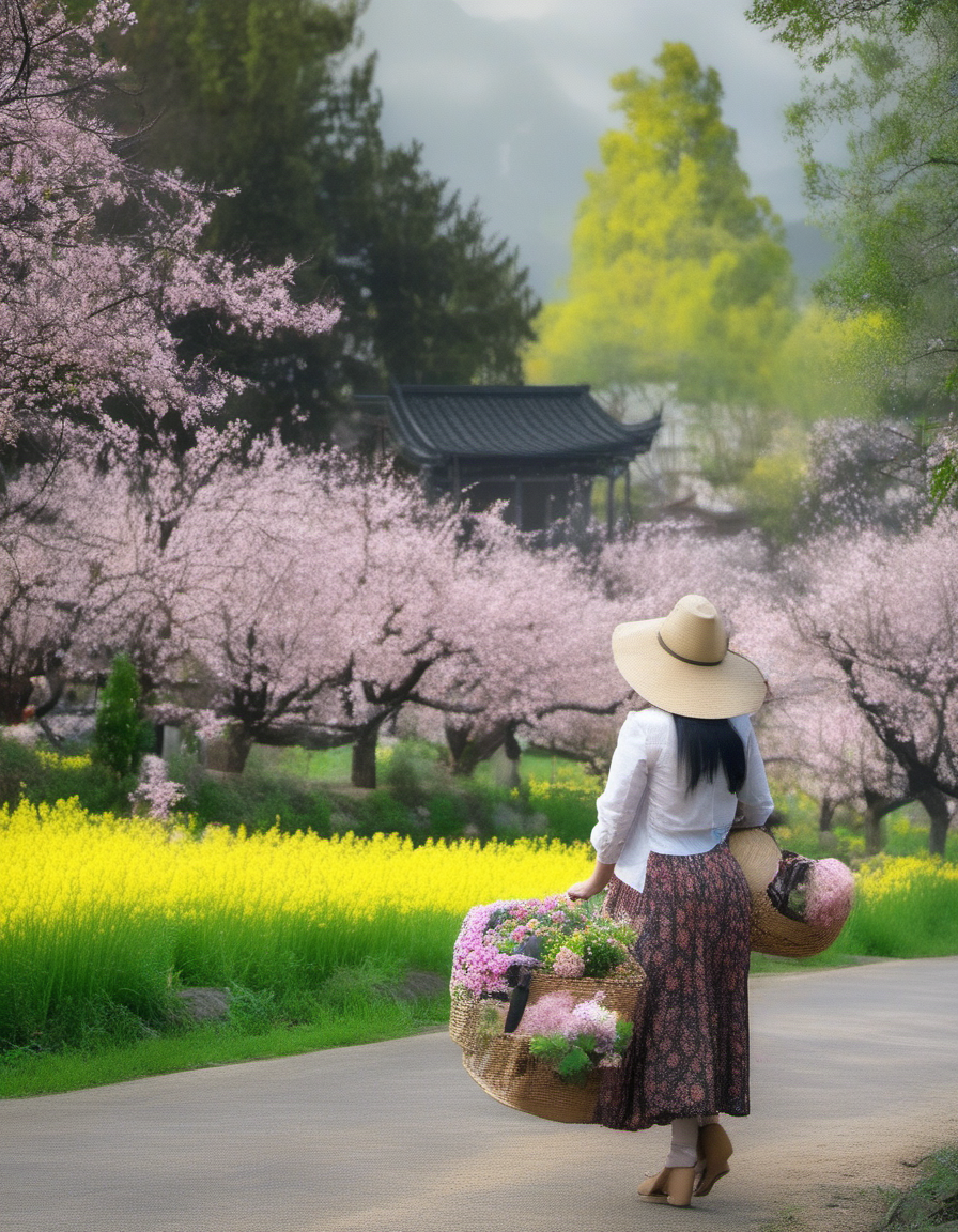 XLCNYoucaiHK,A vibrant photograph captures a woman in a wide-brimmed hat and pink jacket walking through a sea of bright yellow rapeseed flowers. She carries a small basket. The background features traditional Japanese architecture with tiled roofs and cherry blossom trees, set against misty, sunlit mountains. The scene exudes a serene, picturesque countryside ambiance.
<lora:20250330-1743320668957:0.8>,