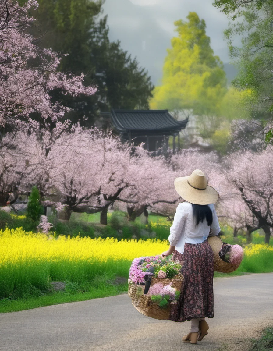 XLCNYoucaiHK,A vibrant photograph captures a woman in a wide-brimmed hat and pink jacket walking through a sea of bright yellow rapeseed flowers. She carries a small basket. The background features traditional Japanese architecture with tiled roofs and cherry blossom trees, set against misty, sunlit mountains. The scene exudes a serene, picturesque countryside ambiance.
<lora:20250330-1743320668957:0.8>,