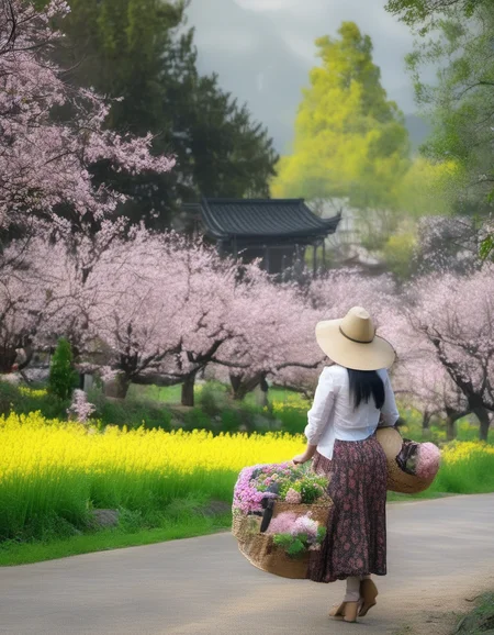 XLCNYoucaiHK,A vibrant photograph captures a woman in a wide-brimmed hat and pink jacket walking through a sea of bright yellow rapeseed flowers. She carries a small basket. The background features traditional Japanese architecture with tiled roofs and cherry blossom trees, set against misty, sunlit mountains. The scene exudes a serene, picturesque countryside ambiance.
<lora:20250330-1743320668957:0.8>,