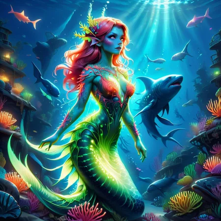 Draw a feminine bioluminescent siren With copper hair, Brightly coloured long finger nails, fangs, bohemian horror, whale shark spots, translucent dress, muscular arms, benthic merfolk, coral reef, colorful fish,