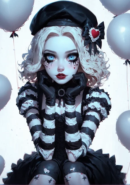 score_9, score_8_up, score_7_up, score_6_up, Dark beauty, Dark beauty, solo, blonde girl, smeared red makeup under eyes, black-and-white striped outfit, heart symbols on sleeves, red and white balloons, gothic mime style, black beret, pale skin, icy blue eyes, dark eyeliner, melancholic expression, seated, knees pulled close to chest, arms resting on knees, corset top, black gloves, carnival theme, eerie atmosphere, haunting elegance, emotional intensity