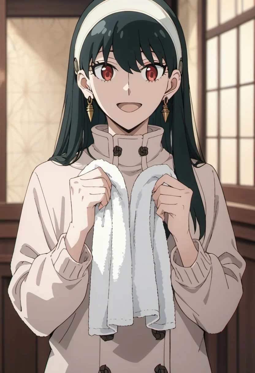 score_9, score_8_up, score_7_up, source_anime, yor briar, black hair, long hair, red eyes, 1girl, solo, hairband, earrings, jewelry, towel, open mouth, smile, sidelocks, sweater, holding, white hairband