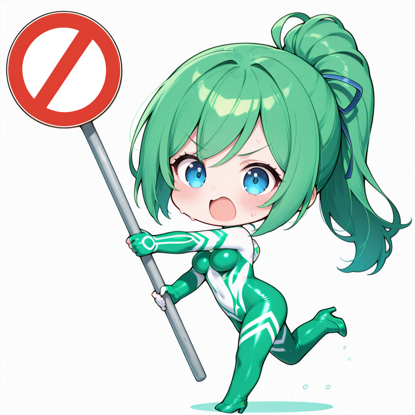 <lora:ultragirl_jue_ill_v1.0:1>,jue,green hair,ponytail,long hair,blue eyes,bodysuit,green chest jewel,white chest jewel,multicolored bodysuit,green body markings,impossible bodysuit,green high heels,
1girl,solo,
chibi,road sign,holding sign,full body,<lora:holding sign_nb11-xl-000005:1>,open mouth,blush,v-shaped eyebrows,
BREAK, textless version,