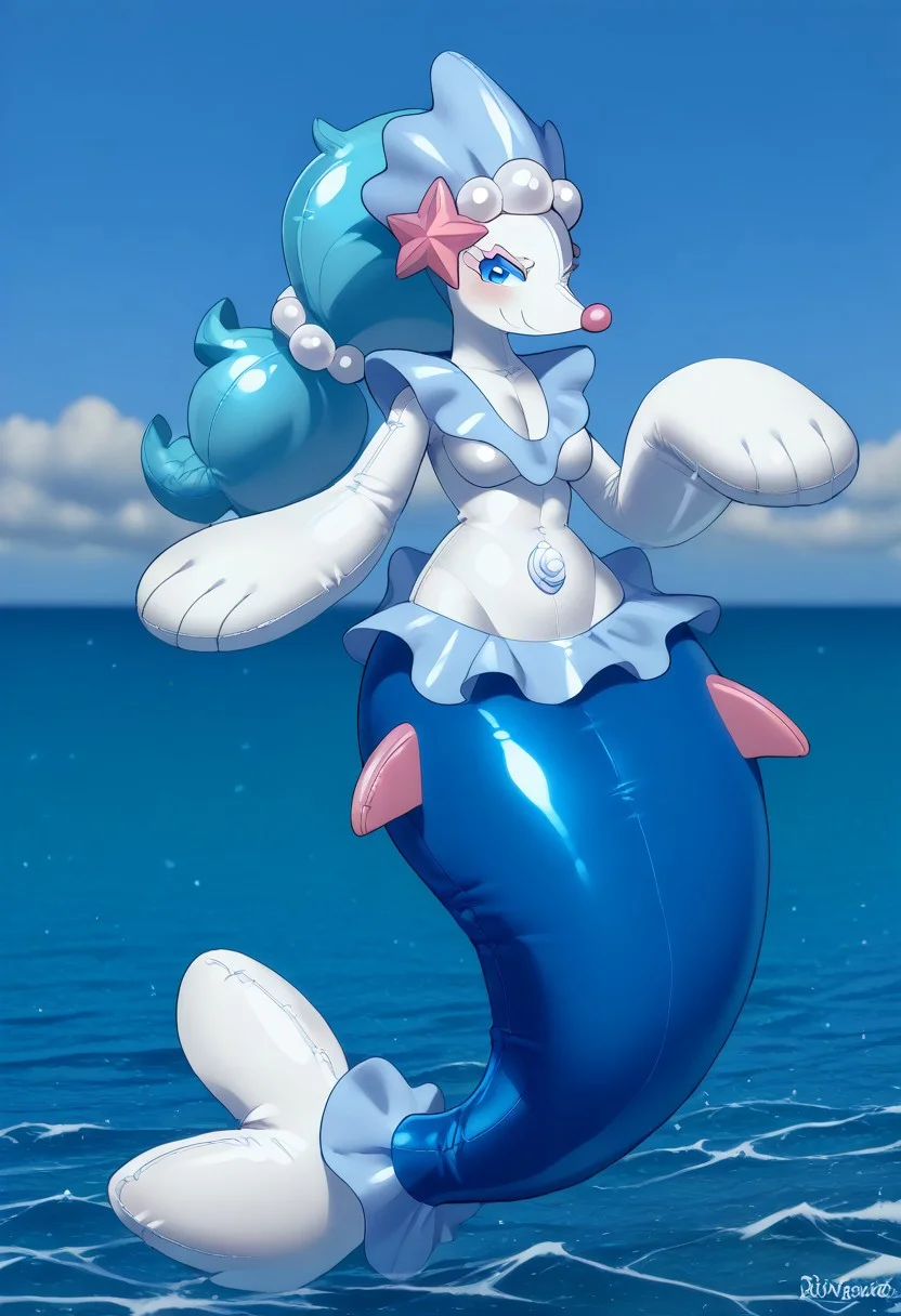 Score_9,score_8_up, score_7_up, glossy, toy proportions, (living inflatable, seams, extremely shiny skin, glossy skin), plastic,
Shiny_skin, shiny_hair, half lidded eyes,
pooltoy tf, squishy, (animate inanimate), blush stickers, Anthro, plinflatable, (simplistic background, solo), (source_furry), furry, solo, 1girl, solo, primarina, pokemon \(creature\), blue hair, blue eyes, shiny skin, mermaid tail, ((horny smirk, glossy skin, inflatable))), looking at viewer, sultry gaze,