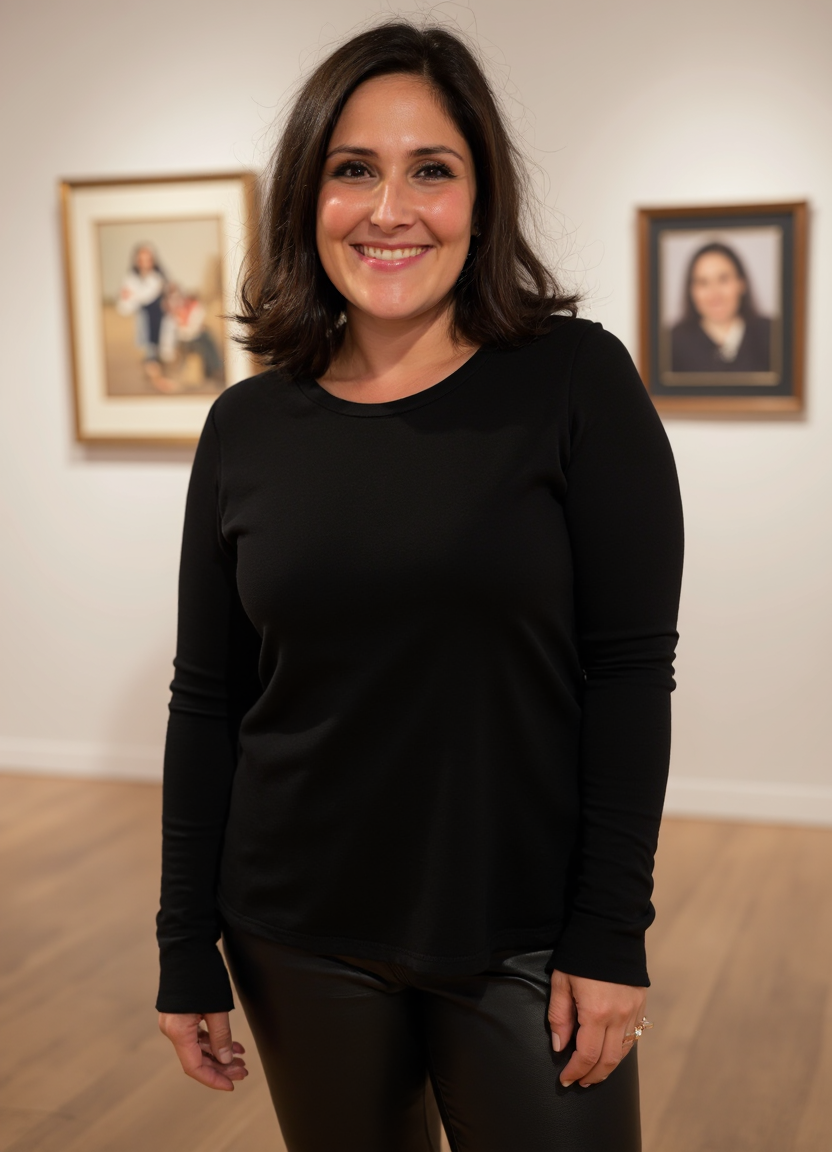 SFW, brightly lit, The image is a portrait of a woman standing in an art gallery. She is wearing a black long-sleeved top and black leather pants. She has long e hair that is styled in loose waves and is wearing minimal makeup. The woman is smiling and looking directly at the camera. In the background, there are several paintings hanging on the wall. The overall mood of the image is confident and relaxed., aidmaimageupgrader<lora:flux\custom\celebrity\rikki-lake.safetensors:1.05:1.05> <lora:flux\turbo-8-step-flux.safetensors:0.5:0.5> <lora:flux\style\Common\aidmaImageUprader-FLUX-v0.3.safetensors:0.25:0.25>